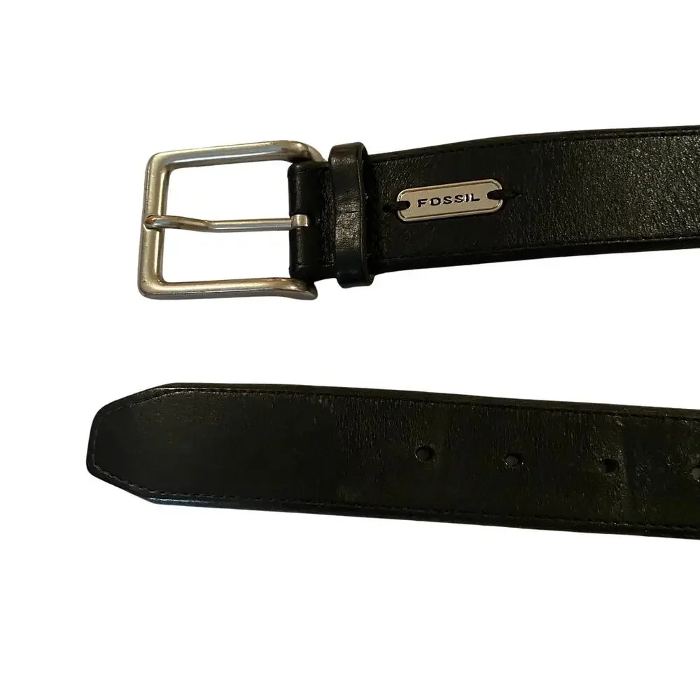 Fossil Black Genuine Leather Belt Size 38 Men’s Silver Buckle Classic Style
